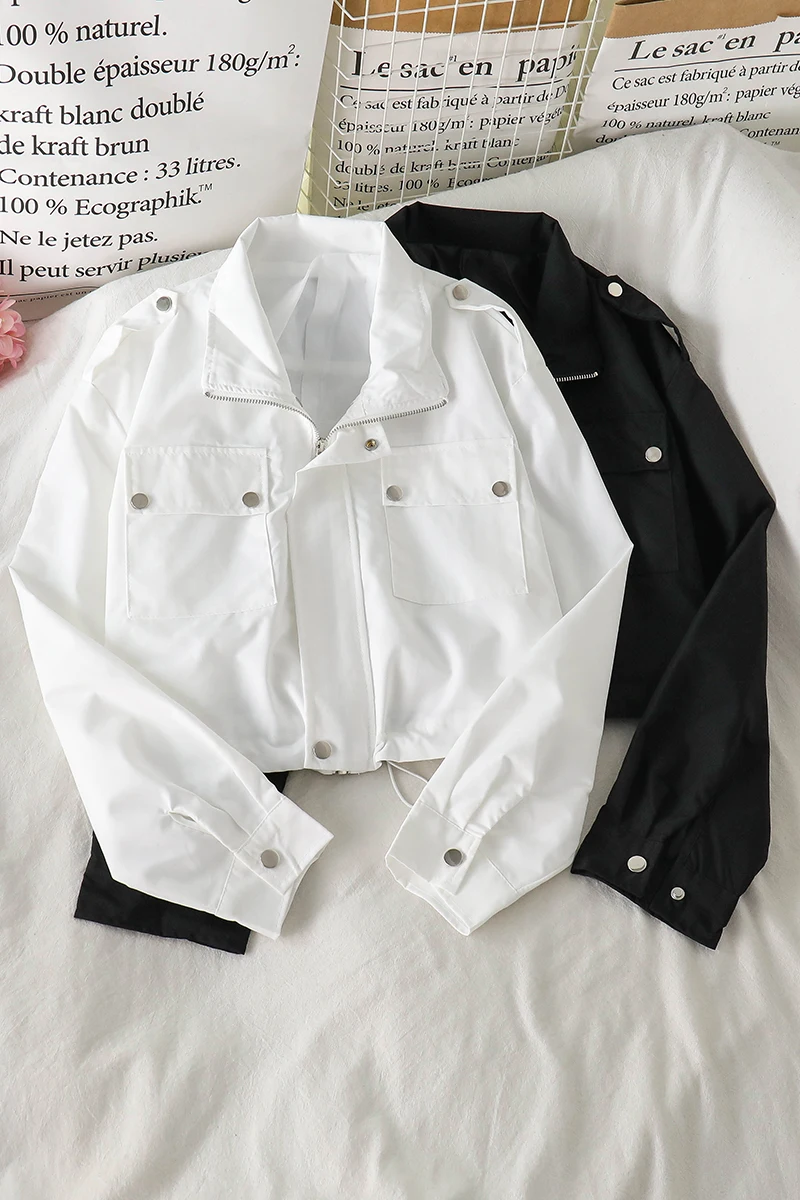 

Design sense jacket female 2021 spring and autumn new tooling short long-sleeved jacket fashion casual solid color cardigan top