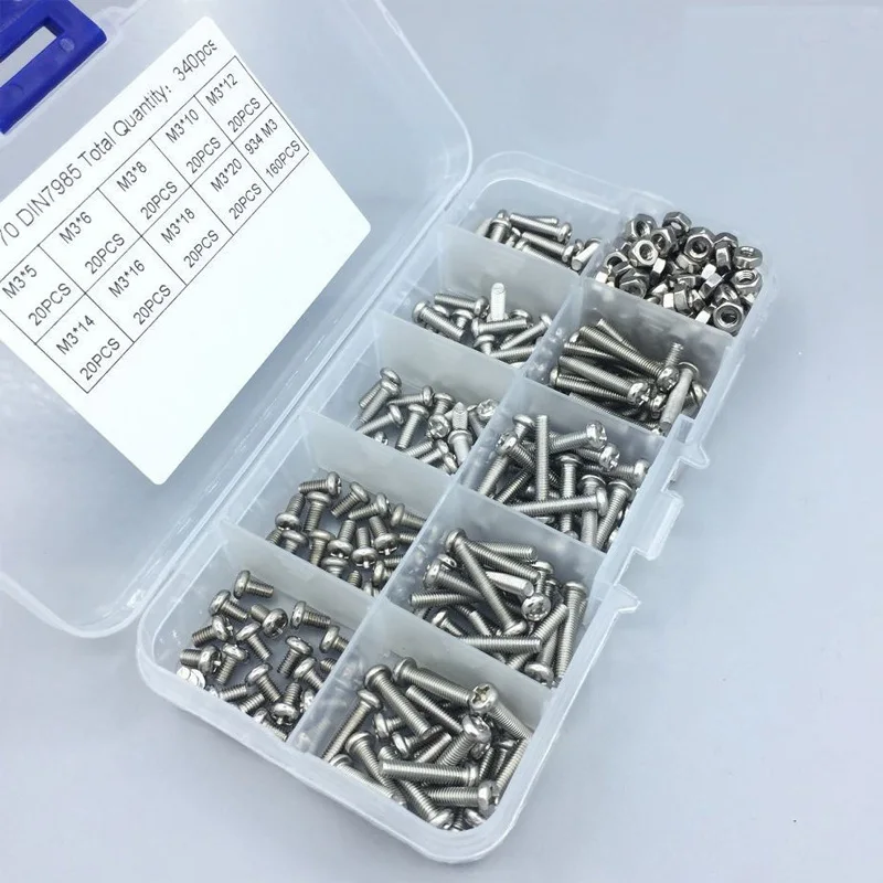 340 шт M3 Phillips винт DIN7985 304 крепежные винты из нержавеющей стали и набор гаек