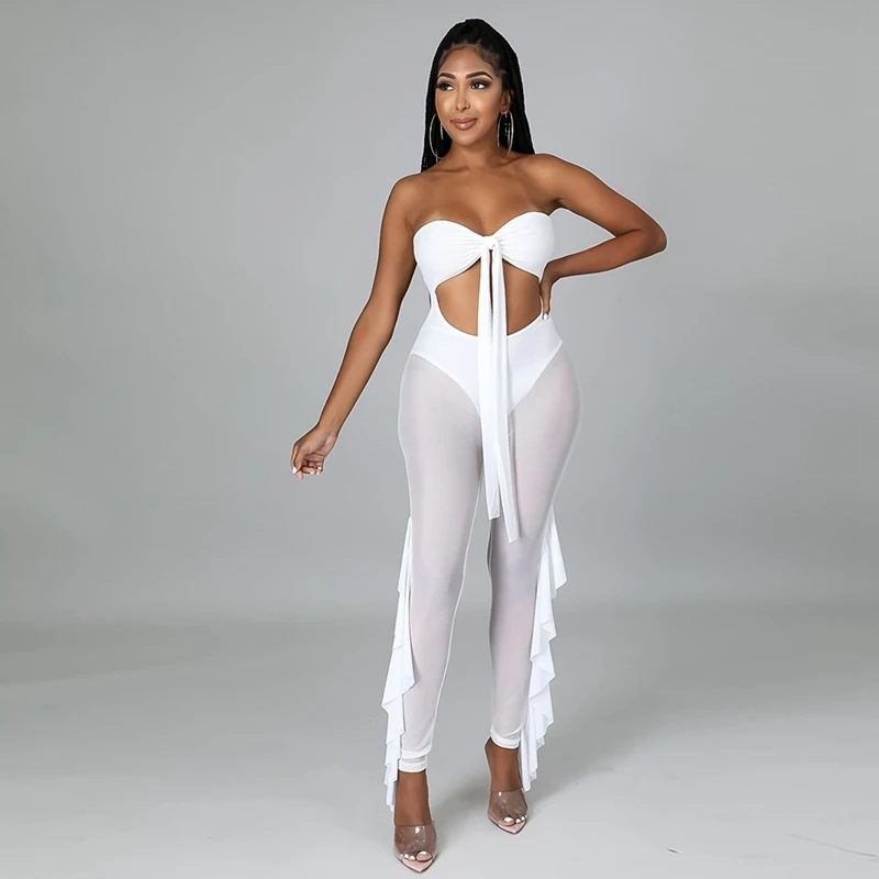 

TNNAOFF Mesh Sheer Bandage Bodycon Jumpsuit for Women Birthday Outfits Summer Sexy One Piece Club Backless Hollow Party Rompers