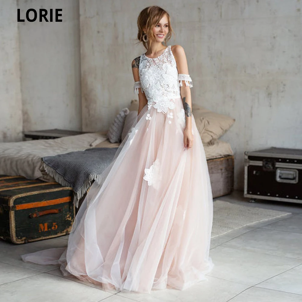 

Пляжные свадебные платья LORIE, Персиковое розовое Тюлевое кружевное платье с аппликацией, вечерние платья принцессы для романтического брак...