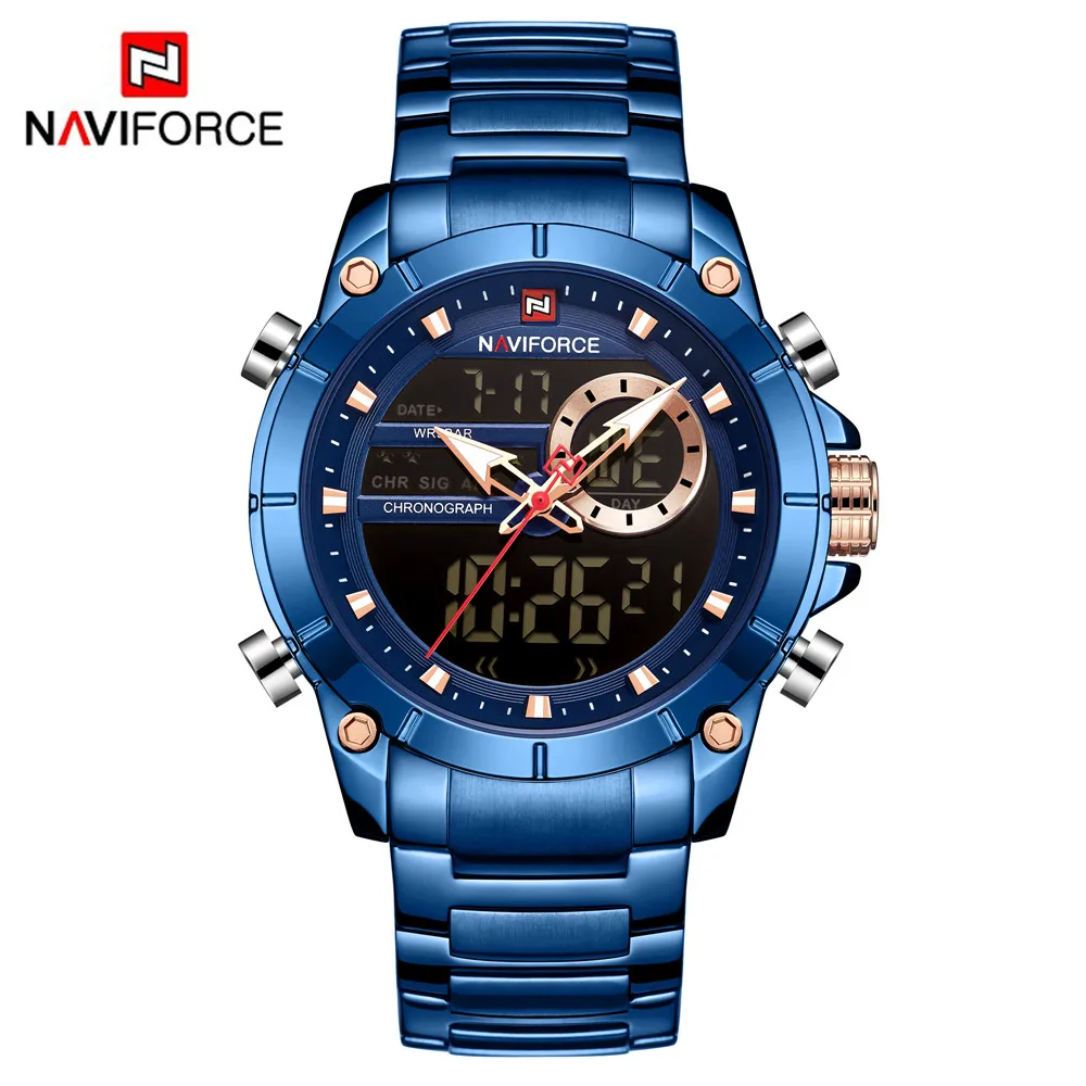 Blue NAVIFORCE мужские часы с двойным дисплеем, мужские наручные часы, спортивные мужские s часы, Лидирующий бренд, водонепроницаемые часы из стали, Relogio Masculino - Цвет: Blue