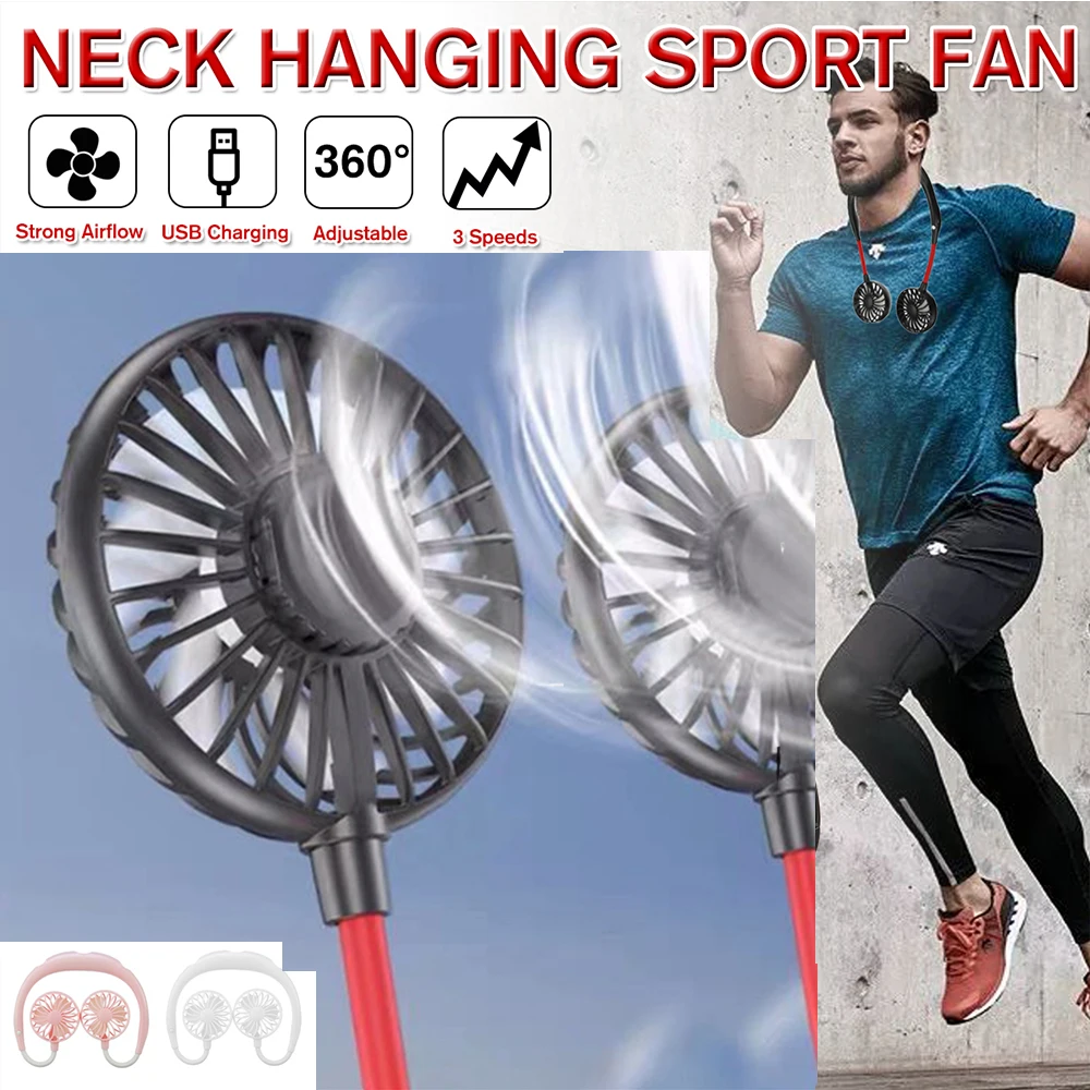

USB Portable Adjustment Sport Fan Party Gift Hands-free Neck Fan Hanging Rechargeable Mini Sport Fans 3 Gears Wearable Sport Fan
