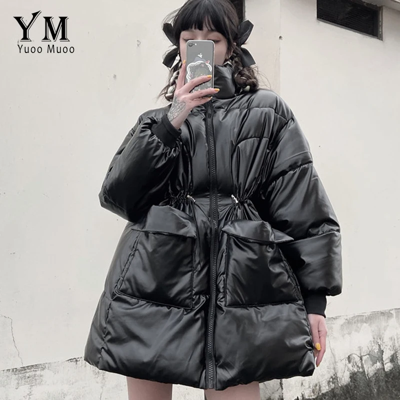 

Новинка 2021, зимняя куртка YuooMuoo, женская модная черная, серебристая дизайнерская парка с карманами и эластичной талией, уличная одежда, Женск...