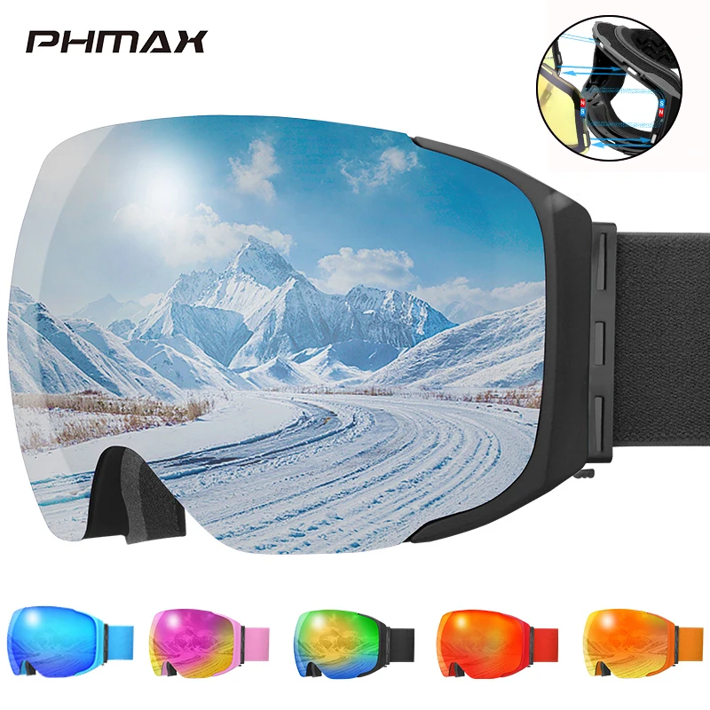 Зимние лыжные очки PHMAX магнитные двухслойные противотуманные антибликовые для