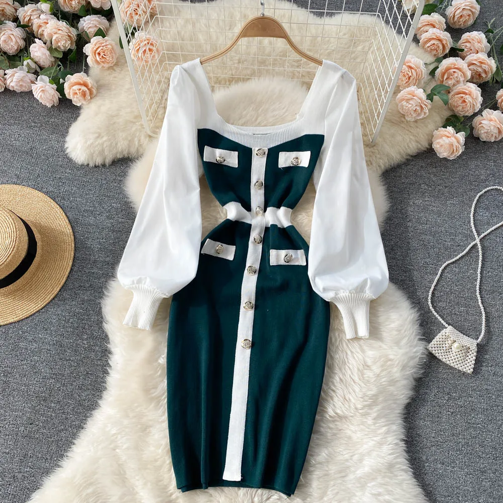 

C457 Women's Fashion Autumn Square Neck Breasted Contrast Knitted Sweater Dress Thin Waist Long Sleeve Bottom Wrap Hip Vestidos