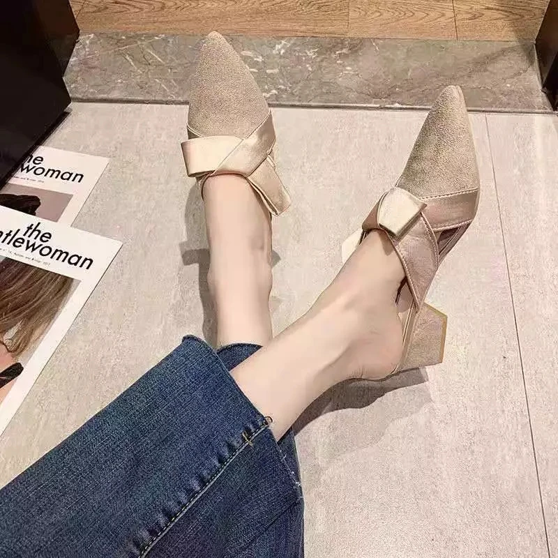 Женские шлепанцы с бантом ertzk модные острым носком на высоком каблуке E512