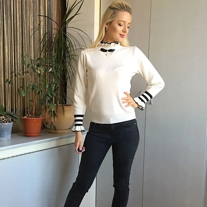 GIGOGOU Ruffled Collar Sweater Women Autumn Winter Thick Female Jumper Top Bowtie Bead Preppy Campus School Girl Pullove | Женская