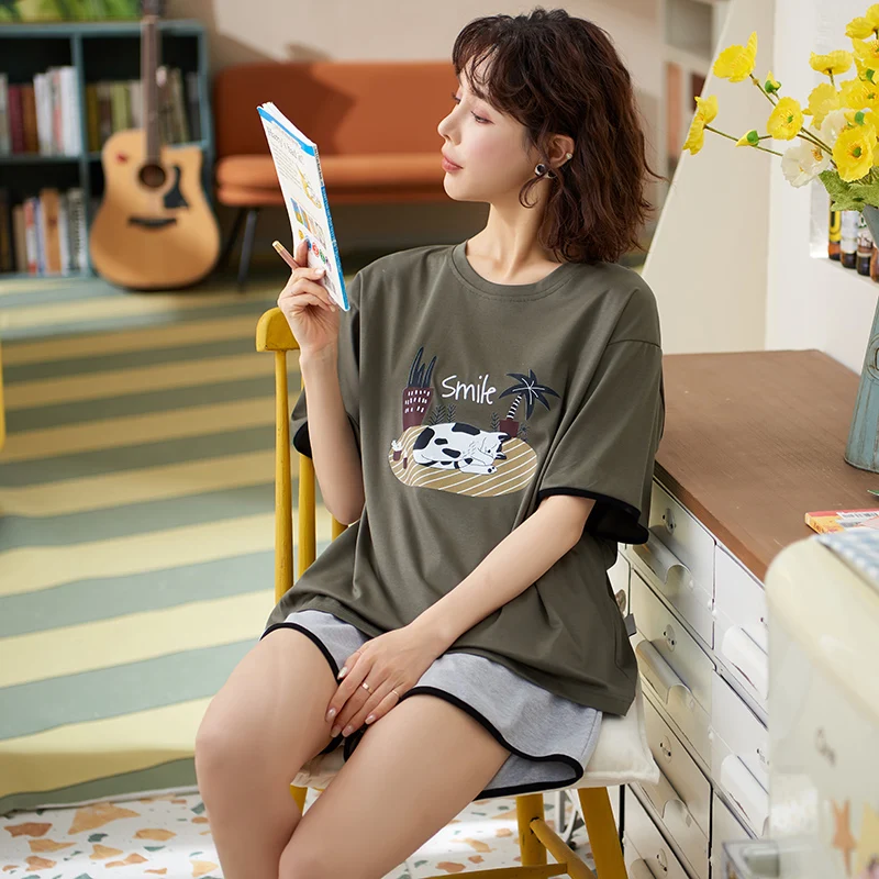 

New Pajamas Set Summer Casual Short Sleeve Women Sleepwear Cartoon Cute Women's T-shirt Plus Size Loose O-Neck Cotton Homewear