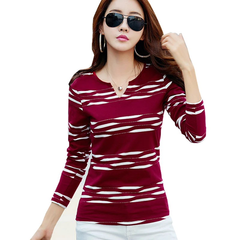 

shintimes Long Sleeve T Shirt Women Tops Korean Style Cotton Striped Tshirt Clothes 2022 Casual Tee Shirt Femme Camiseta Mujer