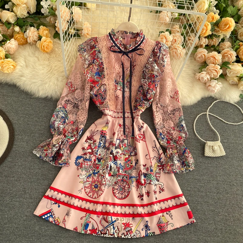

Foamlina Fashion runway dress women new spring elegant bow tie lace splicing flare sleeve vintage printed ruffles short dress