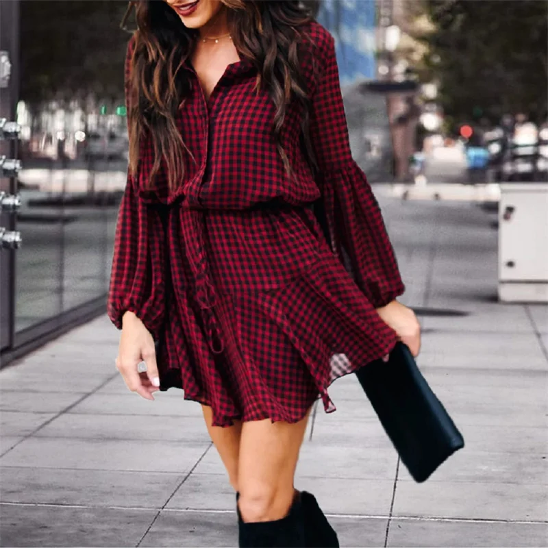 

Женское клетчатое Короткое мини-платье с отложным воротником и длинным рукавом