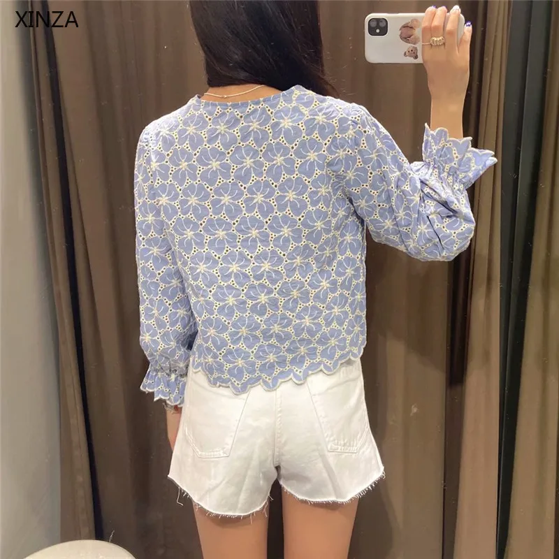 

2021 ZA Women Blue Summer Embroidery Shirt Long Sleeve Openwork Ruffle Elastic Cuffs Vintage Blouses Woman Embroidered Top