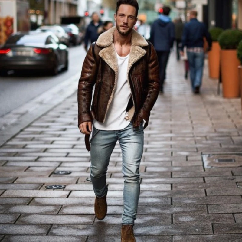 

Men Winter Imitation Leather Jacket Biker Motorcycle Zipper Long Sleeve Coat Top