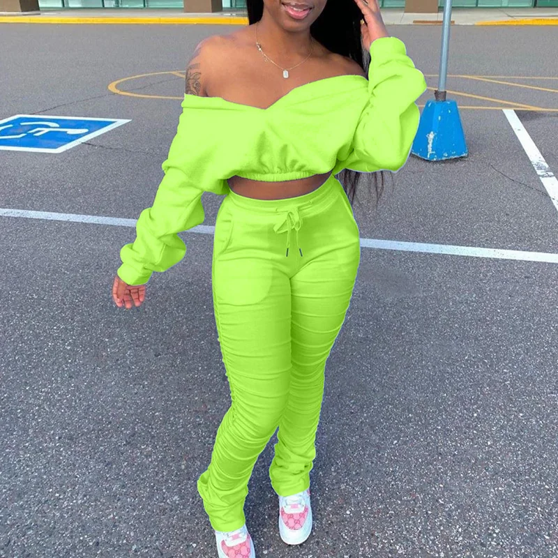 

Women Solid Color Long Sleeve Loose Crop Top and Skinny Pencil Legging Casual Sweatsuits 2 Piece Matching Set Co-ord Outfit