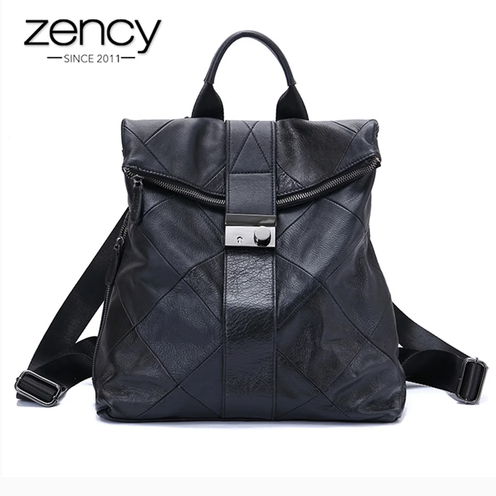 Zency Cowhide Leather Anti-theft Women Backpack Outdoor Travel Bag Large Capactiy Girl's Schoolbag Daily Knapsack Black