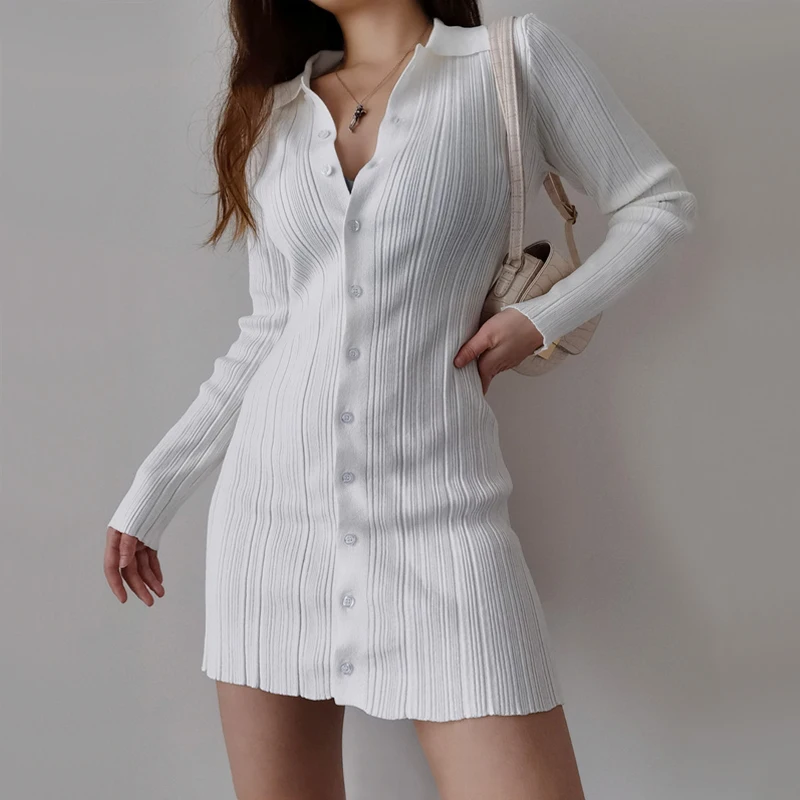 

Женское мини-платье с воротником-стойкой, с пуговицами спереди, миниатюрное платье в рубчик, весеннее платье с длинным рукавом, H11K