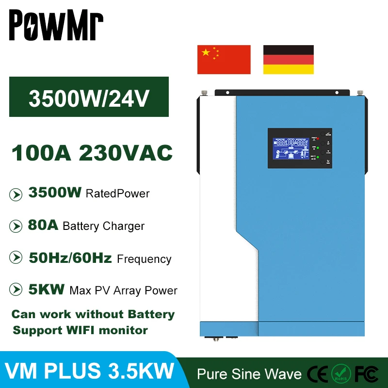 PowMr 3500W 24VDC со слежением за максимальной точкой мощности 100A Гибридный инвертор 230VAC