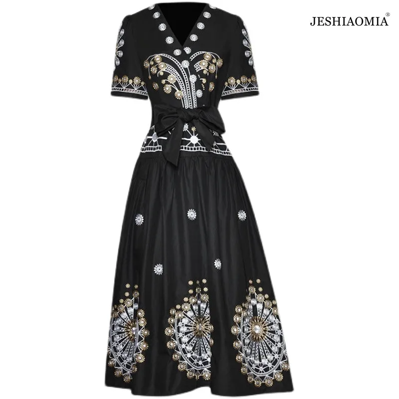 

JESHIAOMIA- 2021 Pre-Autumn V Neck Embroidered Vintage Belted Midi Dress