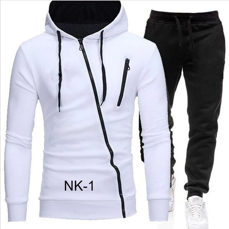 

Men's Solid Color Printed Diagonal Zipper Hoodie And Two-Piece Trousers Spring And Fall Men's Casual Tracksuit Set