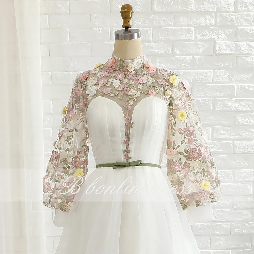 vestidos White Prom Dresses 2020 High Collar Long Evening Dress 3D Flower Split Formal Party Gowns robe de soiree Plus Size | Свадьбы и