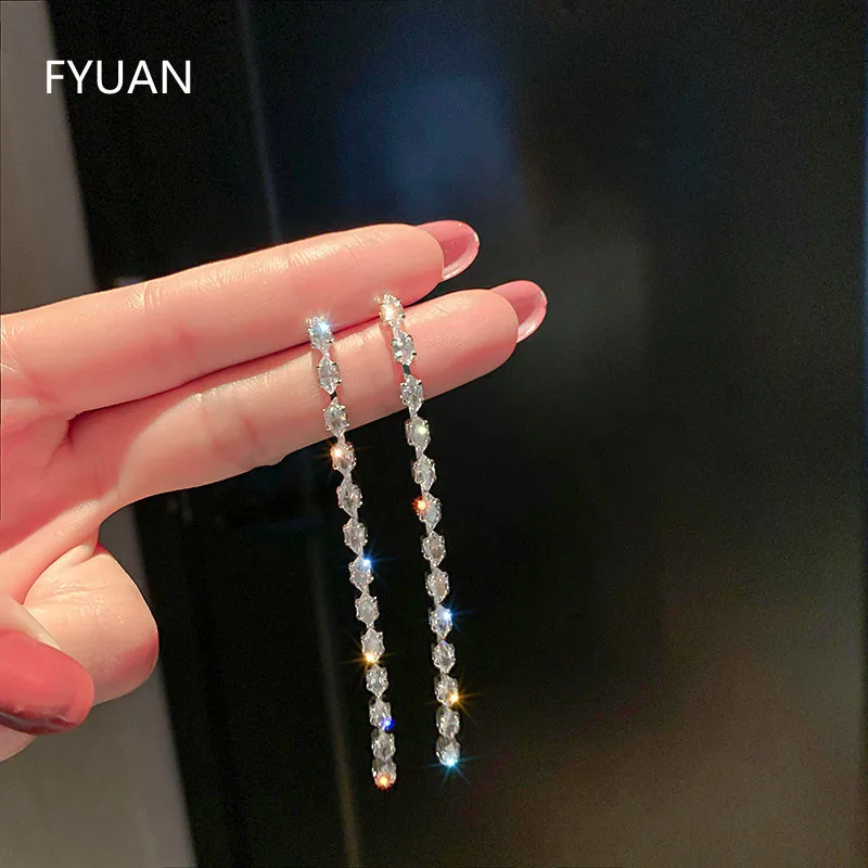 

FYUAN Geometric Zircon Crystal Earrings for Women Bijoux Silver Color Long Tassel Dangle Earrings Weddings Jewelry Gifts