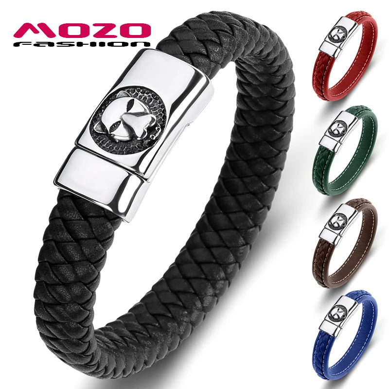 

MOZO Fashion 2021 New Men Bracelets Punk Multicolor Genuine Leather Stainless Steel Bangles Wolf Wholesale Women Jewelry 089