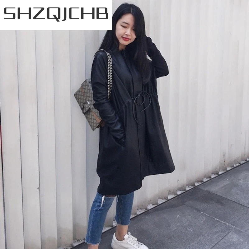 

JCHB 2021 Women Black Genuine Leather Luxury Lambskin Loose Mid Long Coats Drawstring Splice Knitted Sleeve Design Windbreaker O