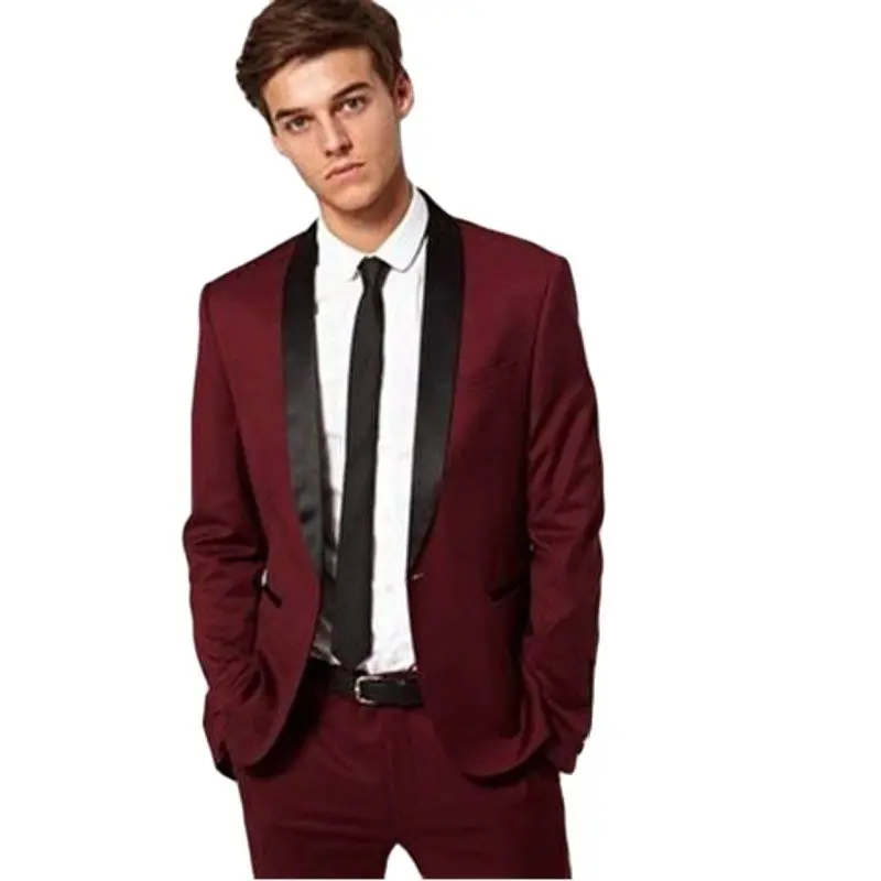 

Slim Fits Burgundy With Black Collar Groom Tuxedos Handsome Men Evening Dress Toast Suit (Jacket+Pants+Bow Tie) OK:039