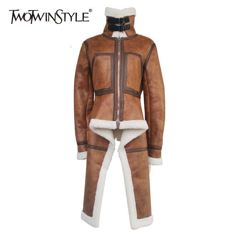 Пальто из овечьей шерсти TWOTWINSTYLE пальто искусственной кожи с отложным воротником