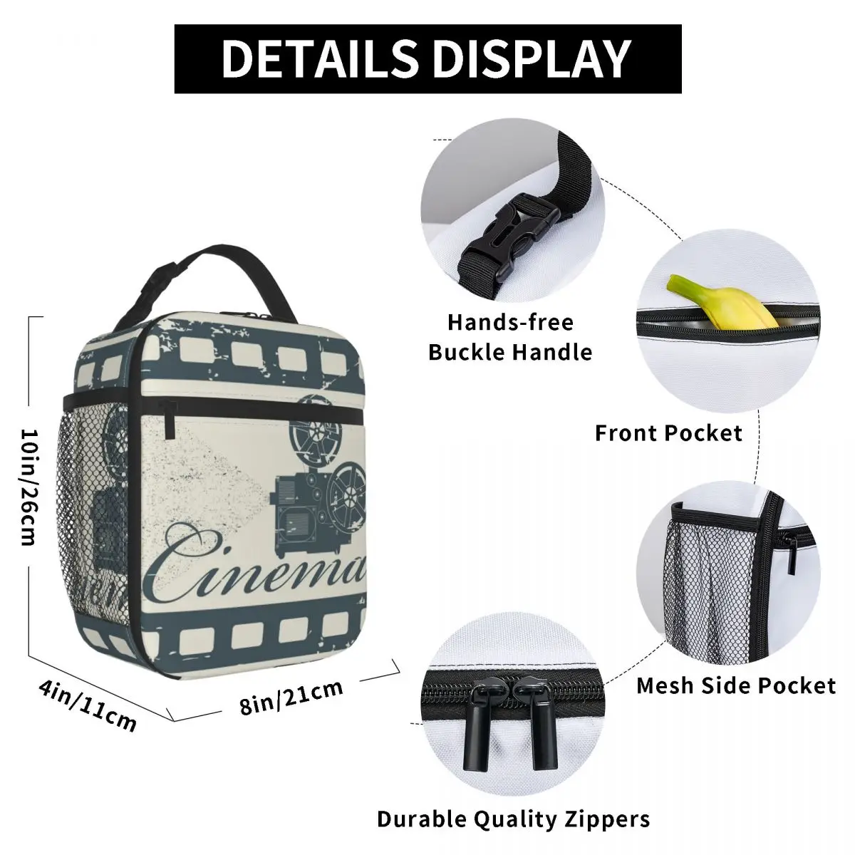 

Cinema Lunch Bag for Women Men Large Insulated Lunch Box with Water Bottle Holder and Pockets