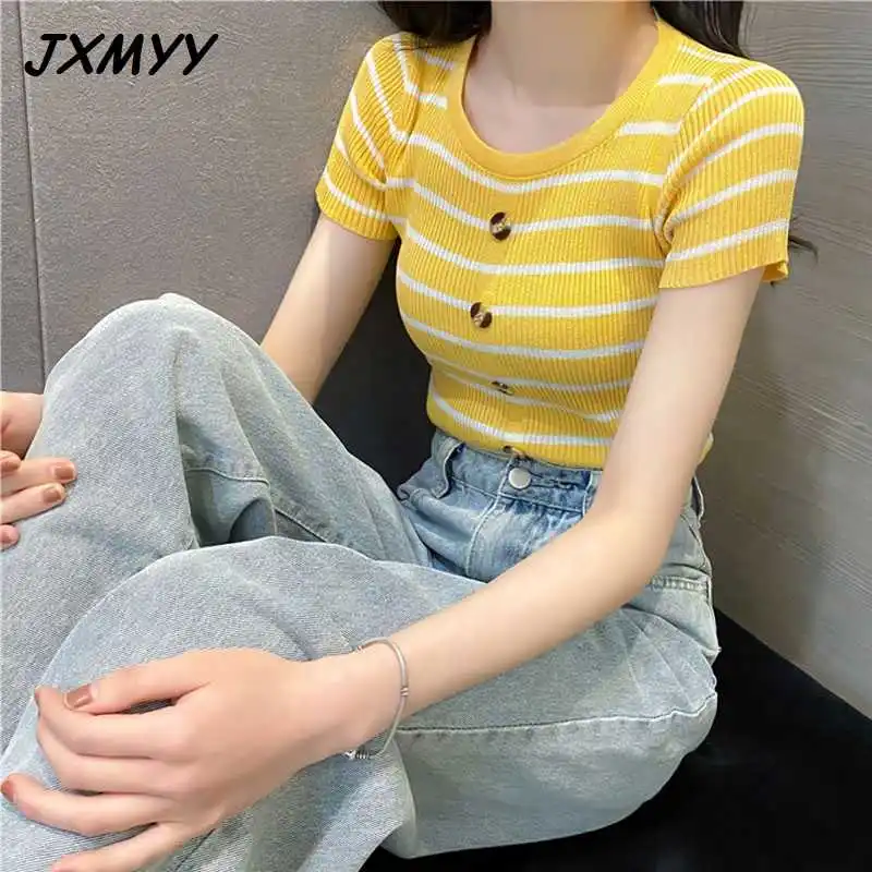 

ICCLEK 2021 fashion new casual summer fit slimming single row button knit high waist crop top wome