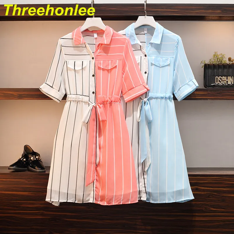 

Plus Size Women Elegant Chiffon Shirt Dresses Summer 2021 Short Sleeve Patchwork Loose Casual Ladies Striped Dress Blue 4XL