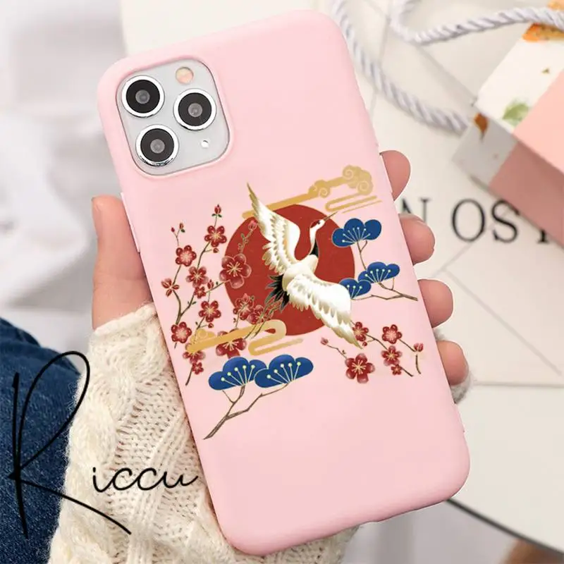 

Japanese Style Art Crane Phone Case For IPhone 8 7 6 6S Plus X 5S SE 2020 XR 11 12 Pro Mini Pro XS MAX Matte Candy Pink Silicone