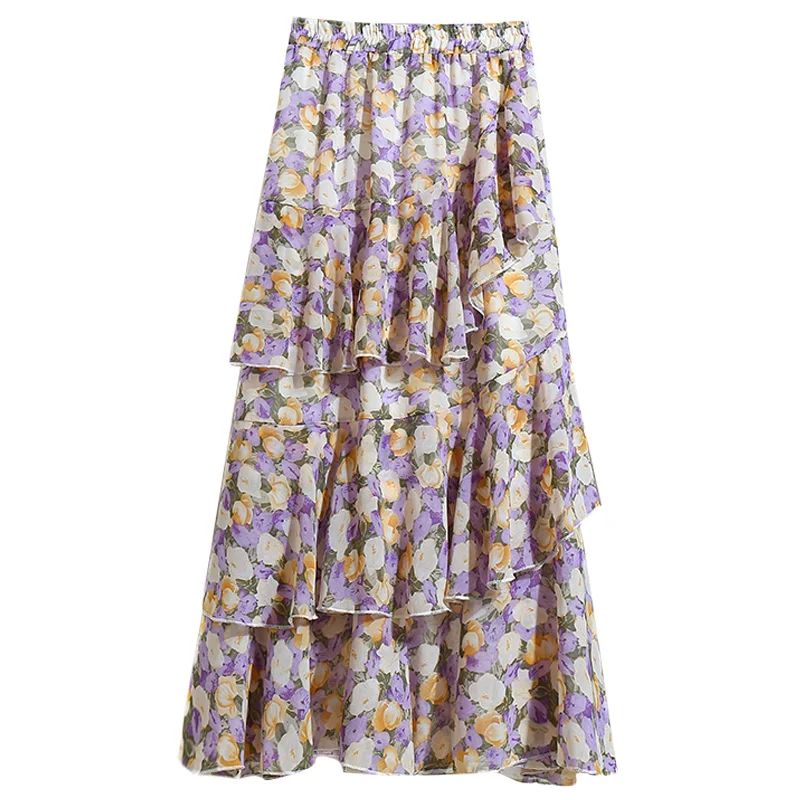 Шифоновая юбка с оборками Женская средней длины высокой талией в стиле русалки