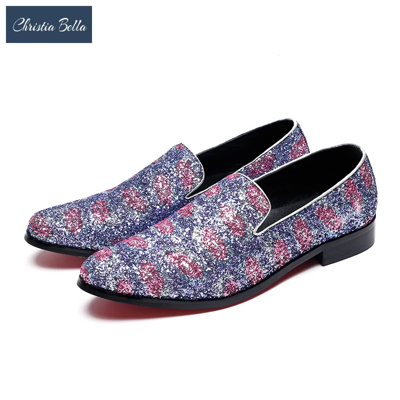 

Christia Bella Sparkling Sequins Party Men Loafers Fashion Wedding Prom Dress Shoes Slip On Leather Shoes Club Smoking Slippers