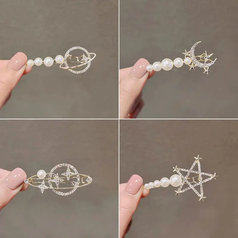 

Korean Version Of The New Rhinestone Pearl Hairpin Star Moon Side Bangs Broken Hair Clip Girl Student Net Red Headdress