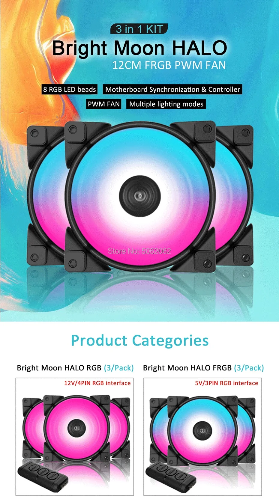 Pccooler 3/упаковка HALO вентилятор RGB 12 см 12 В и 5 в FRGB 3pin и 4pin ШИМ тихие вентиляторы охлаждения 120 мм вентилятор RGB для cpu охладитель жидкого охлаждения
