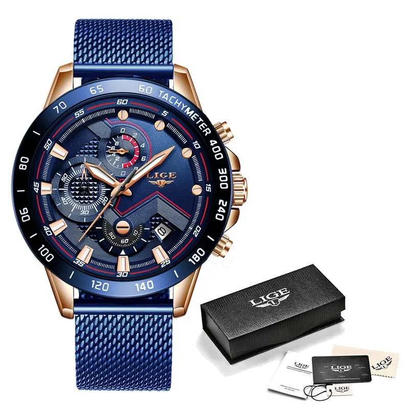 Rose Gold Blue LIGE новые мужские золотые часы Топ бренд Роскошные бизнес часы мужские спортивные кварцевые часы с датой водонепроницаемые часы Relogio Masculino - Цвет: Rose Gold Blue