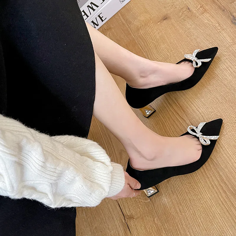

Asumer Hot Sale High Heels Ladies Party Wedding Shoes Flock Bowknot Pointed Toe Crystal Heel Summer Single Shoes Women Pumps
