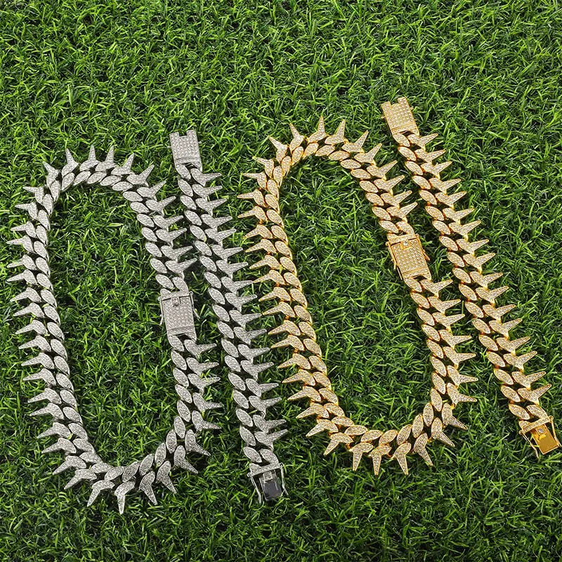 

Habegris 25MM Thorns Cuban Link Chain Hip Hop Bling Zinc Alloy Iced Out Crystal Pave Men's Bracelets Necklace For Women Jewelry