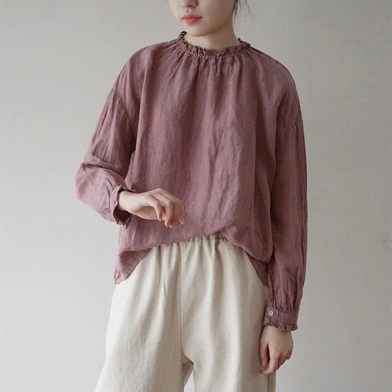 

SCUWLINEN 2022 Women Top Vintage Solid Long-sleeve Agaric Lace Linen Shirt Casual Artsy French Style All-match Blouse Women P201