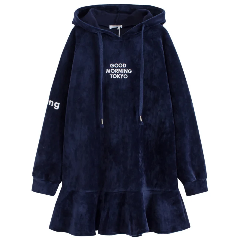 Спортивное Платье бархатное теплое осень зима женское длинное свитшот худи с капюшоном Толстовка утепленное свободное с карманами черное синее Рюшами Пуловер корея зимние осенние Толстовки платья бархат теплые - Цвет: Blue no velvet