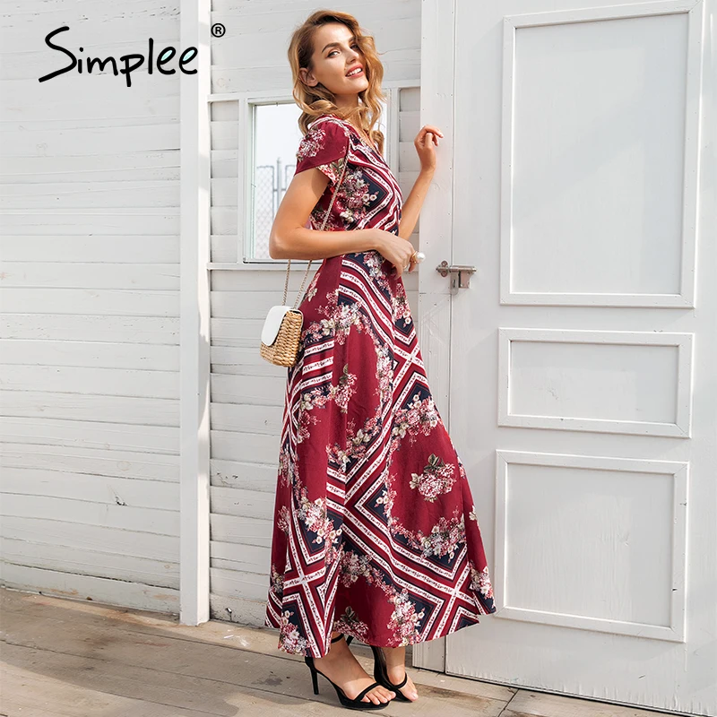 Длинное женское платье с запахом Simplee элегантное макси бохо принтом на лето и