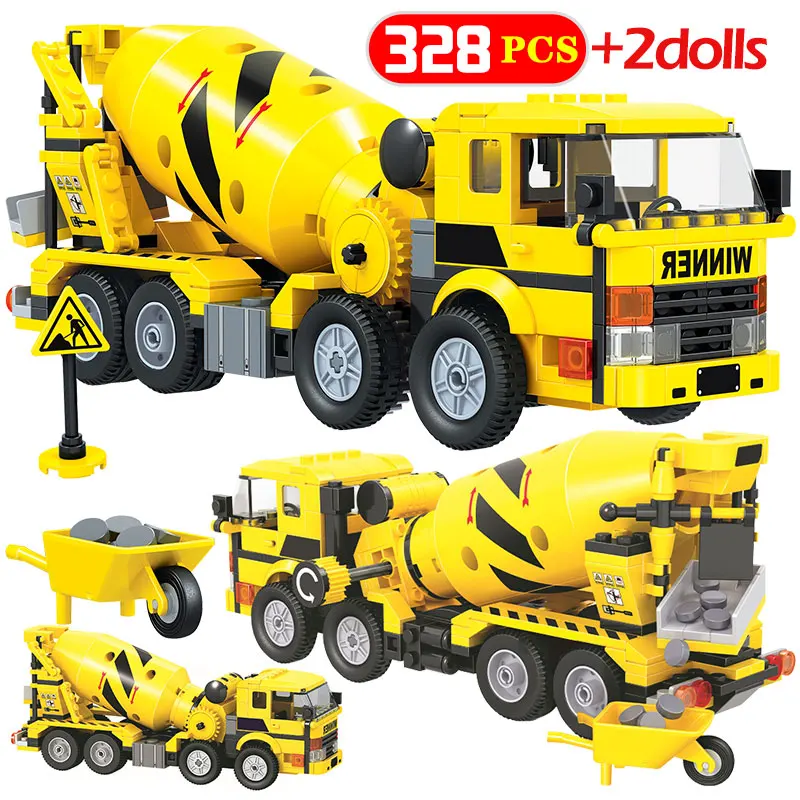 

City Engineering Dump Trucks Model Building Blocks Technical Car Road Roller Loader Cement Mixer Bricks Toys For Boys
