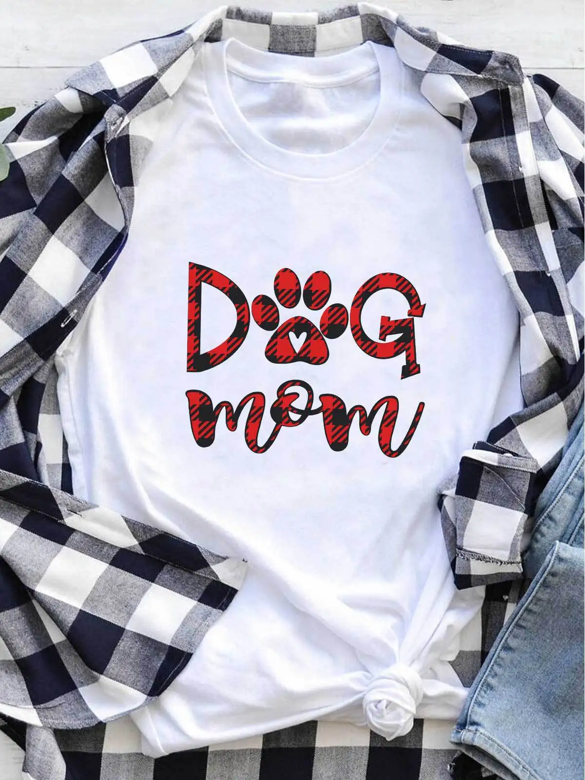 

Pop top Plaid contrast dog mom letter print crew neck short sleeve T-shirt