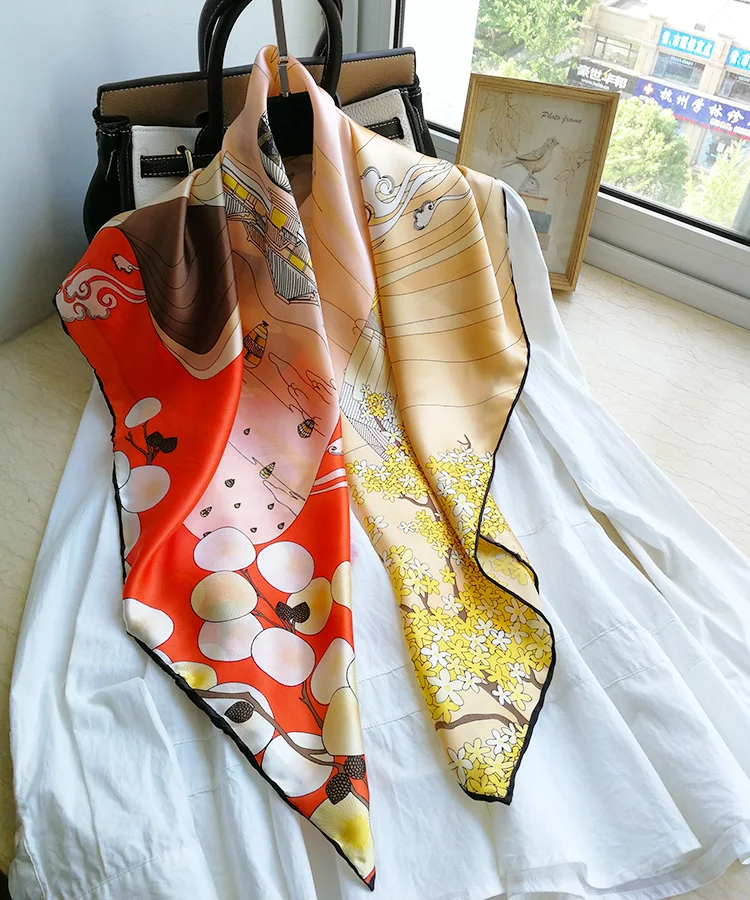 Women's 100% Pure Silk 12mm Printed Big Square Scarf Wrap Kerchief 88cm 34.5&quot WJ020 |