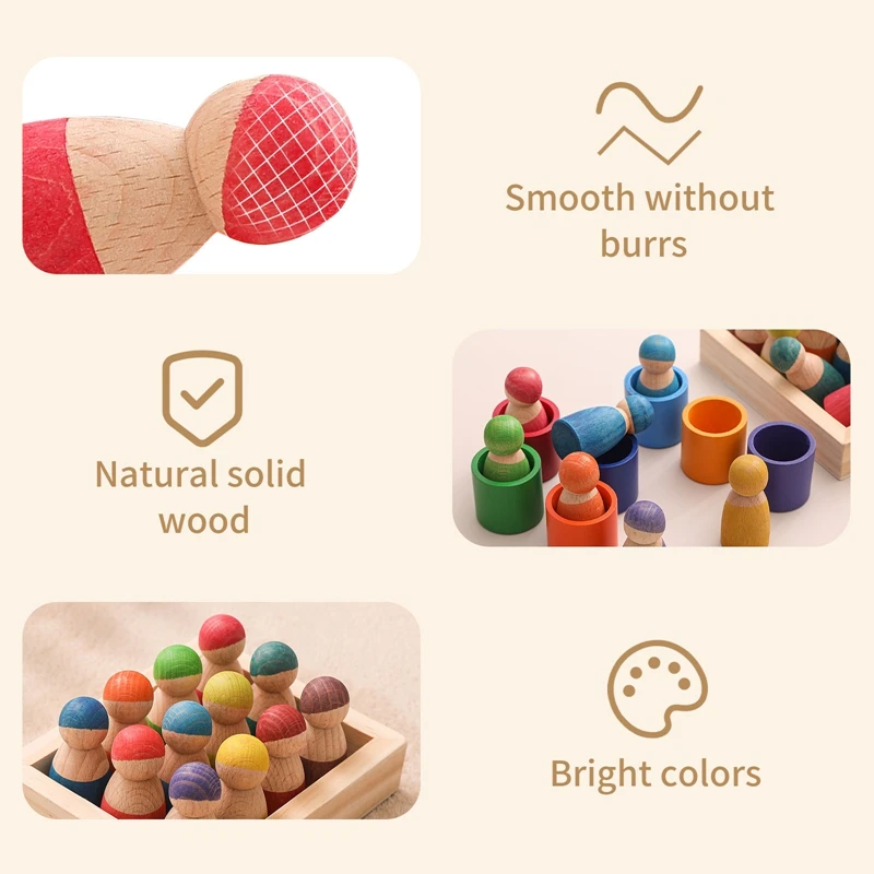 1Set Kids Wooden Rainbow Blocks Doll Montessori Educational Color Cognitive Ability Toy For Children Stacking Baby Gift | Игрушки и