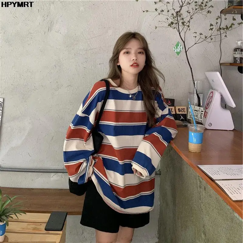

Women harajuku Striped Tshirt Long Sleeve O-Neck T-Shirts Korean Fashion Casual hipster T Shirt Female Tops spring Autumn Tee
