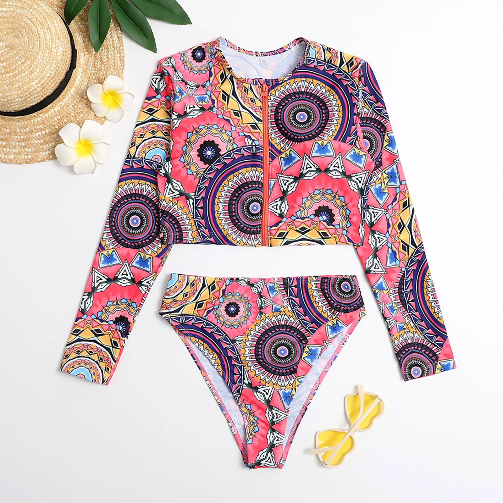 Пляжная одежда больших размеров для женщин - сексуальный бикини "Бохемский стиль" с молнией на груди, V-образным вырезом и кружевным галстуком. Набор из двух частей купальника с высоким разрезом.