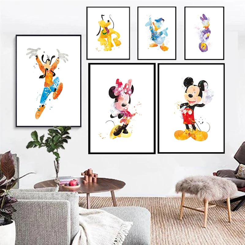 

Watercolor Disney Mickey Mouse And Minnie Canvas Painting Wall Art Cartoon Donald Daisy Duck Goofy Pluto Poster For Home Decor